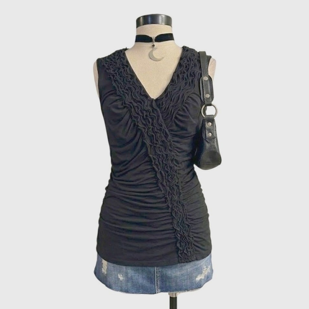 Black Ruffle Ruched V-Neck Sleeveless Top Medium Fitted Sexy Stretchy
